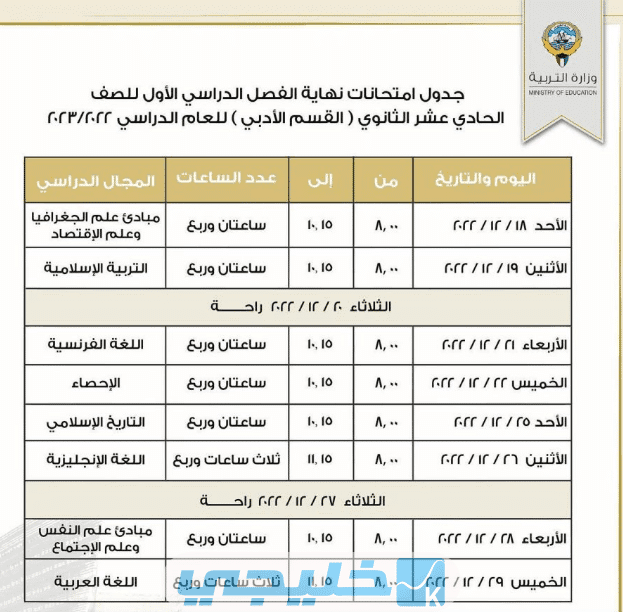 جدول اختبارات القسم الادبي- للصف الحادي عشر في الكويت