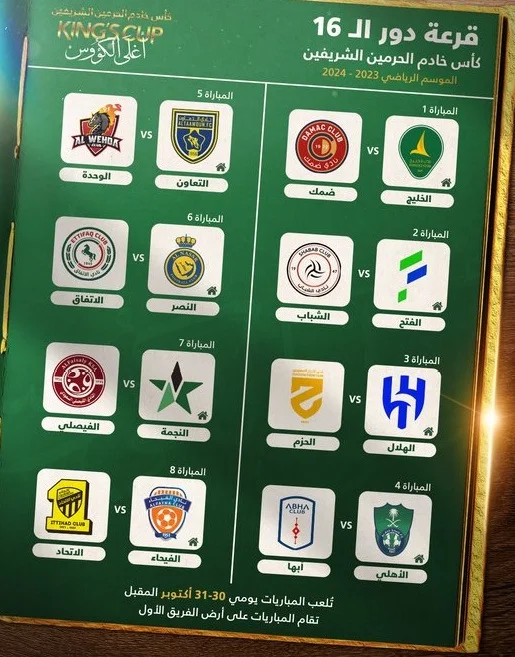 نتيجة قرعة كأس الملك السعودي 2023 جدول مباريات دور الـ16