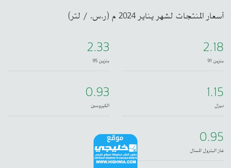 أسعار الوقود في السعودية لشهر يناير 2024